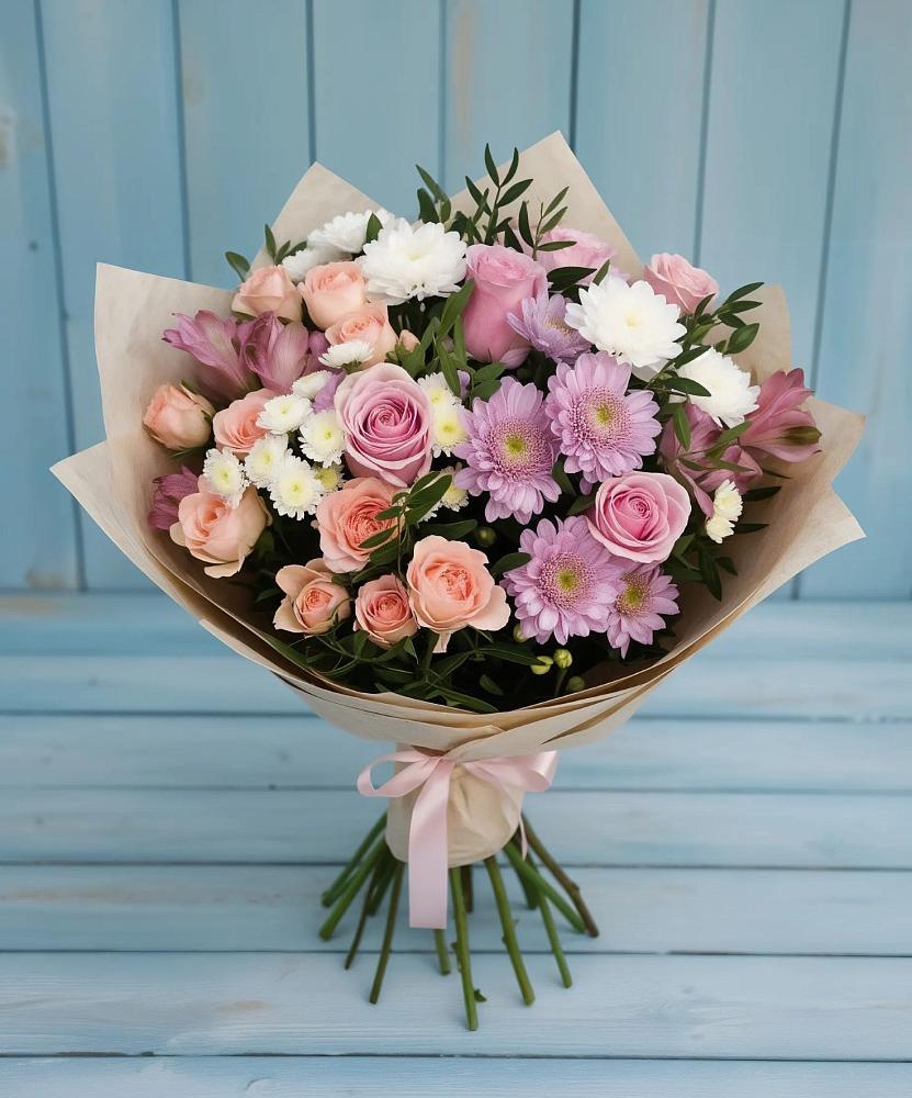 Букет цветов из: Хризантемы, Розы и Альстромерии в Тимошкино