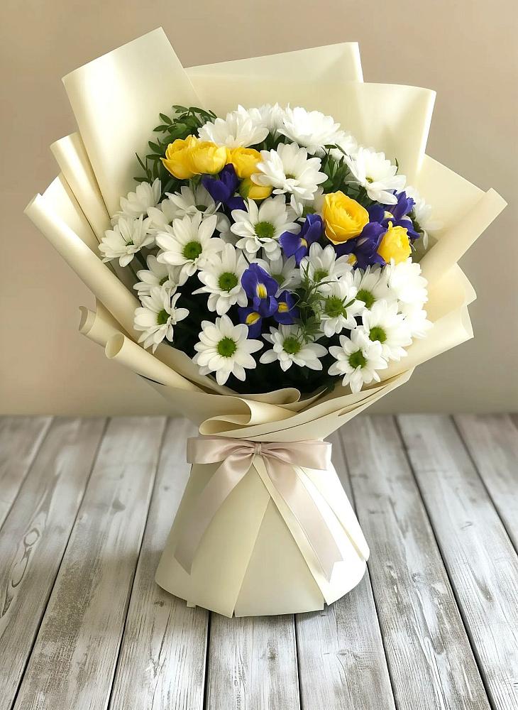 Букет цветов из: Ирисы, Хризантемы и Розы в Тимошкино